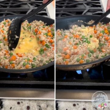 Incorporating the egg into the shrimp fried rice.