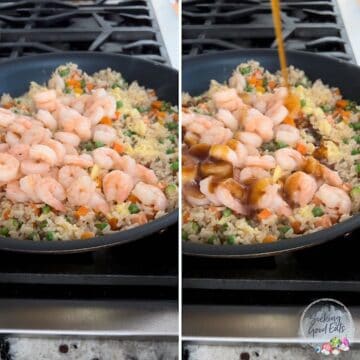 Adding the cooked shrimp back to the pan to make shrimp fried rice.