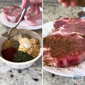Mixing the dry rub and sprinkling over the chops to make air fryer bone-in pork chops.
