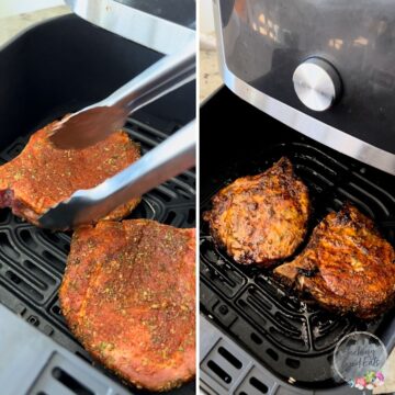 Bone in pork chops in air fryer cooking.