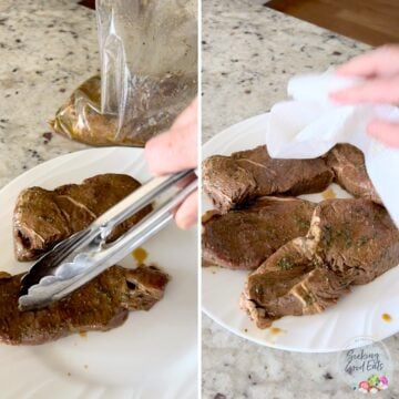 Removing the sirloin steak from the marinade then patting dry with a paper towel.