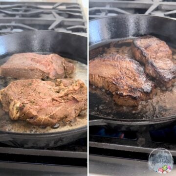 Pan searing sirloin steak in butter in a cast iron skillet.
