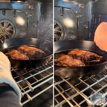 Placing the cast iron skillet with two seared sirloin steaks in the oven.