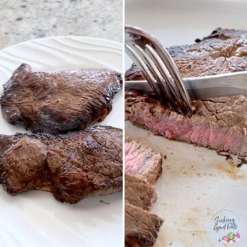Letting the cooked sirloin steaks rest on a white plate before slicing.