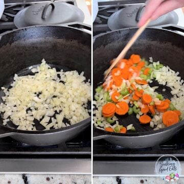 Sautéing the onions celery and carrots for making vegetable soup.
