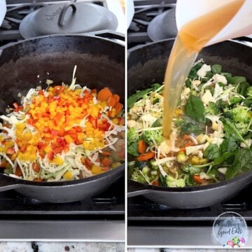 Adding the remaining ingredients and broth to the vegetable soup in a large cast iron soup pot.