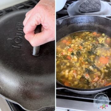 Simmering the vegetable soup covered then removing the bay leaves.