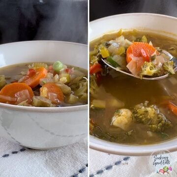 Ladling the vegetable soup into a white bowl the scooping a bite on a spoon.