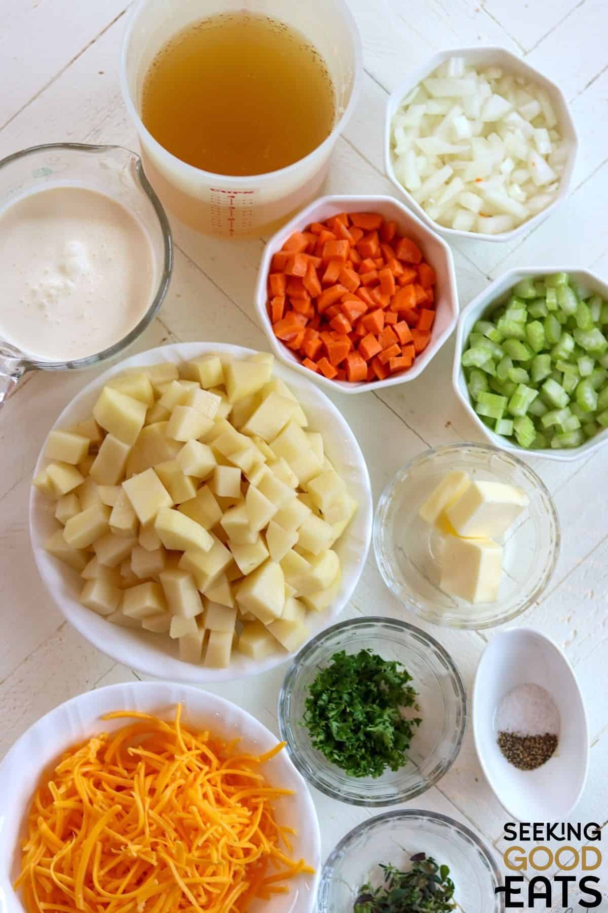 Ingredients needed for cheesy potato soup.