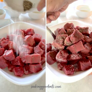 Tossing steak bites with salt and pepper in a white bowl.