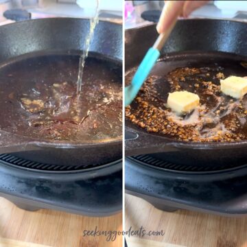 De-glazing a cast iron skillet with vinegar then adding butter and garlic.