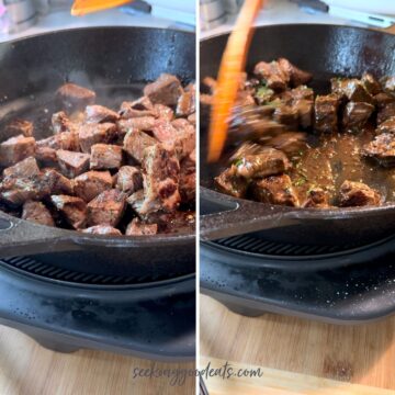 Stirring the steak bites in garlic butter sauce.