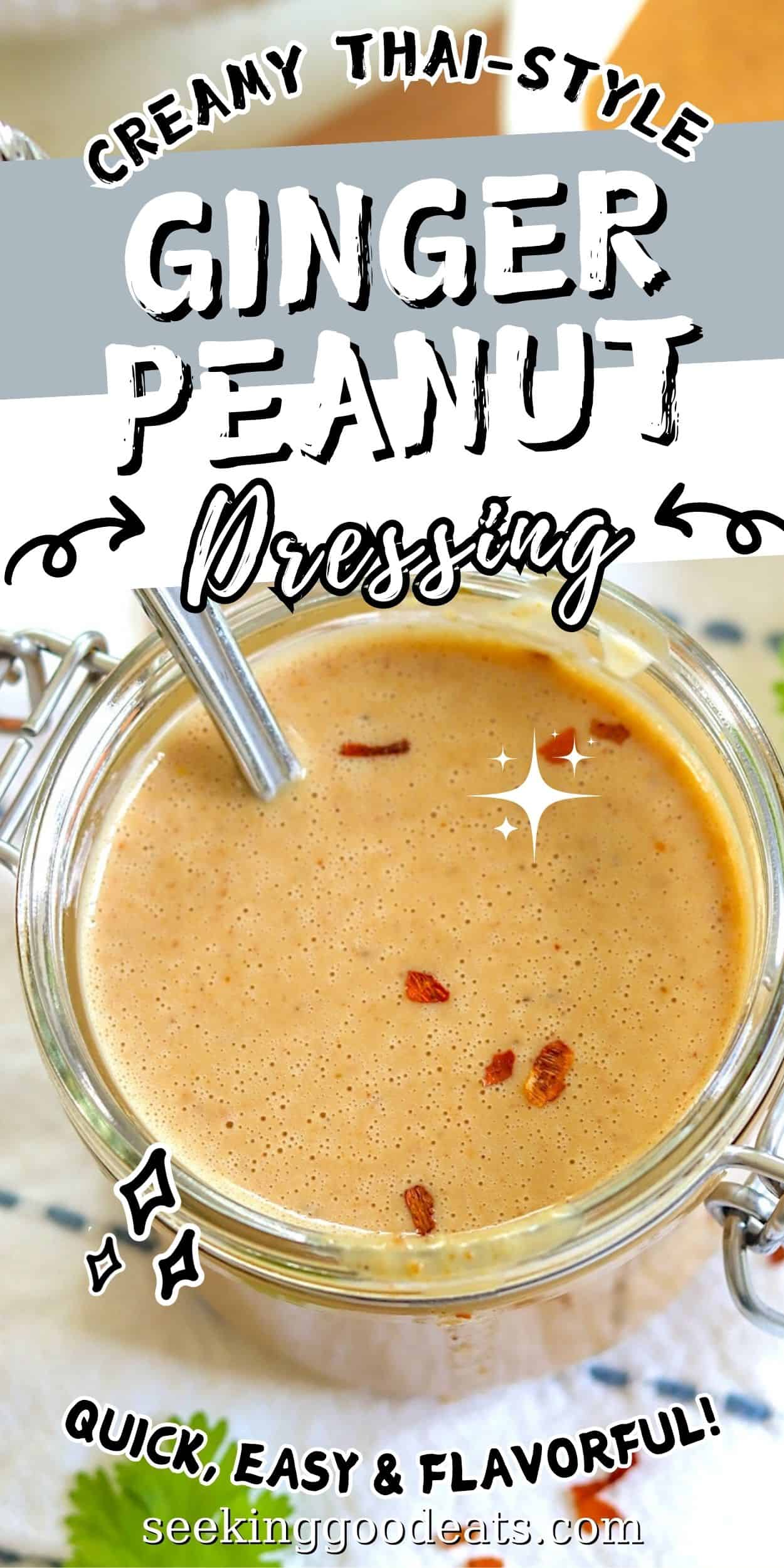 Pinterest pin with a clear jar of Thai peanut salad dressing with a spoon.