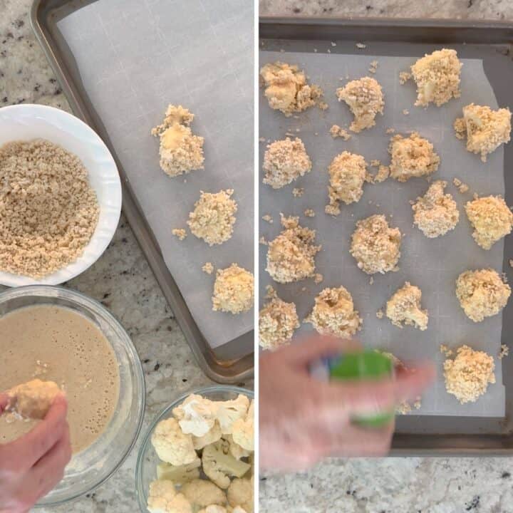 Dipping caulilfower florets in the bang bang cauliflower batter and placing on a baking sheet.