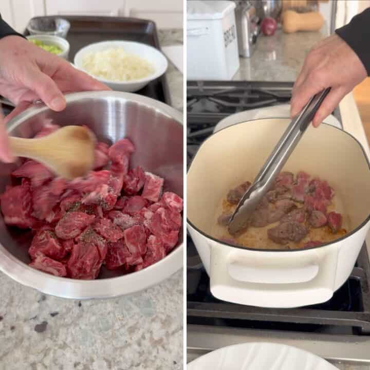 Seasoning the beef stew meat then browning in a pot for the beef barley soup.