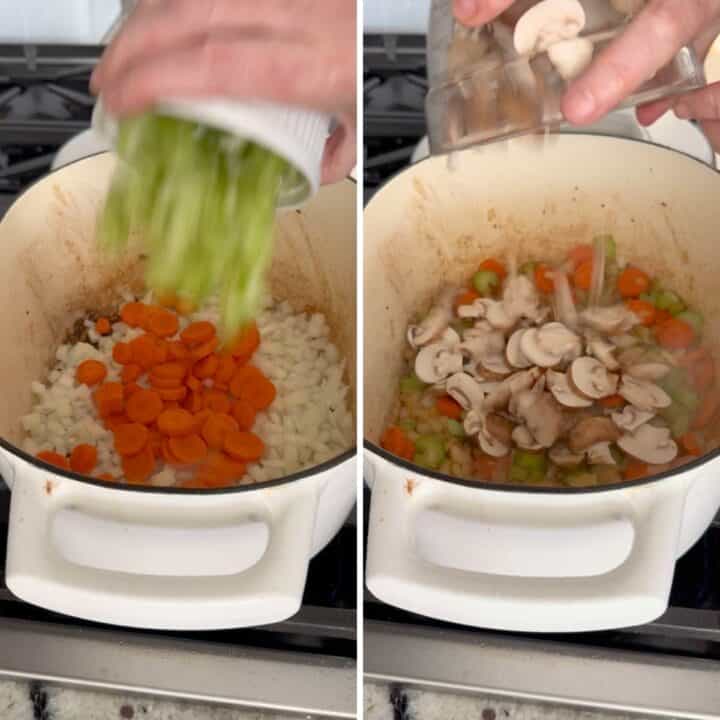 Sauteeing the onions, carrots, celery, and mushrooms for the beef barley soup.