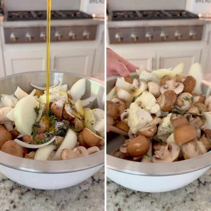 Pouring olive oil over onions, cauliflower and mushrooms in a large white mixing bowl.