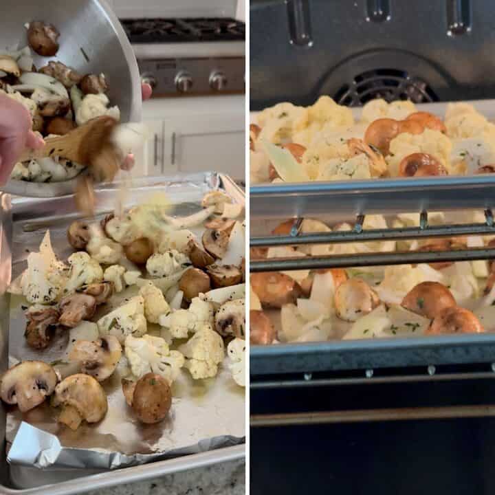Spreading the uncooked cauliflower and mushrooms onto a baking sheet for roasting.