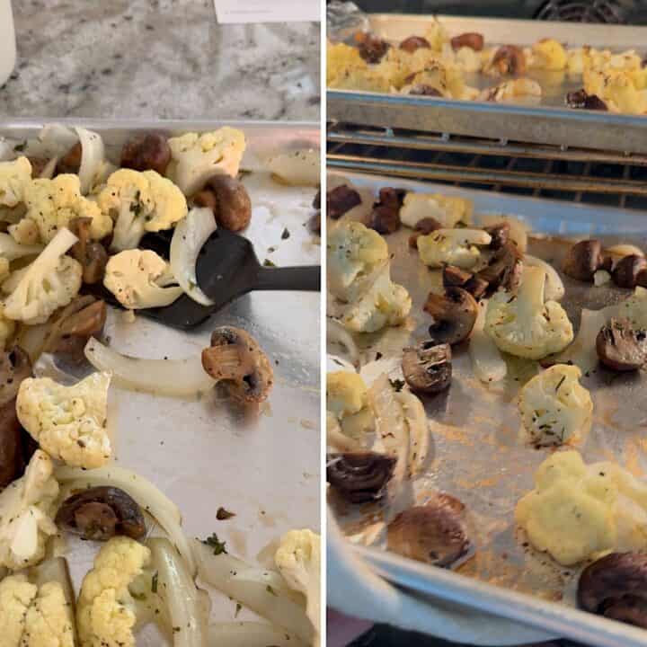 Tossing the roasted cauliflower and mushrooms with a spatual on a baking sheet.