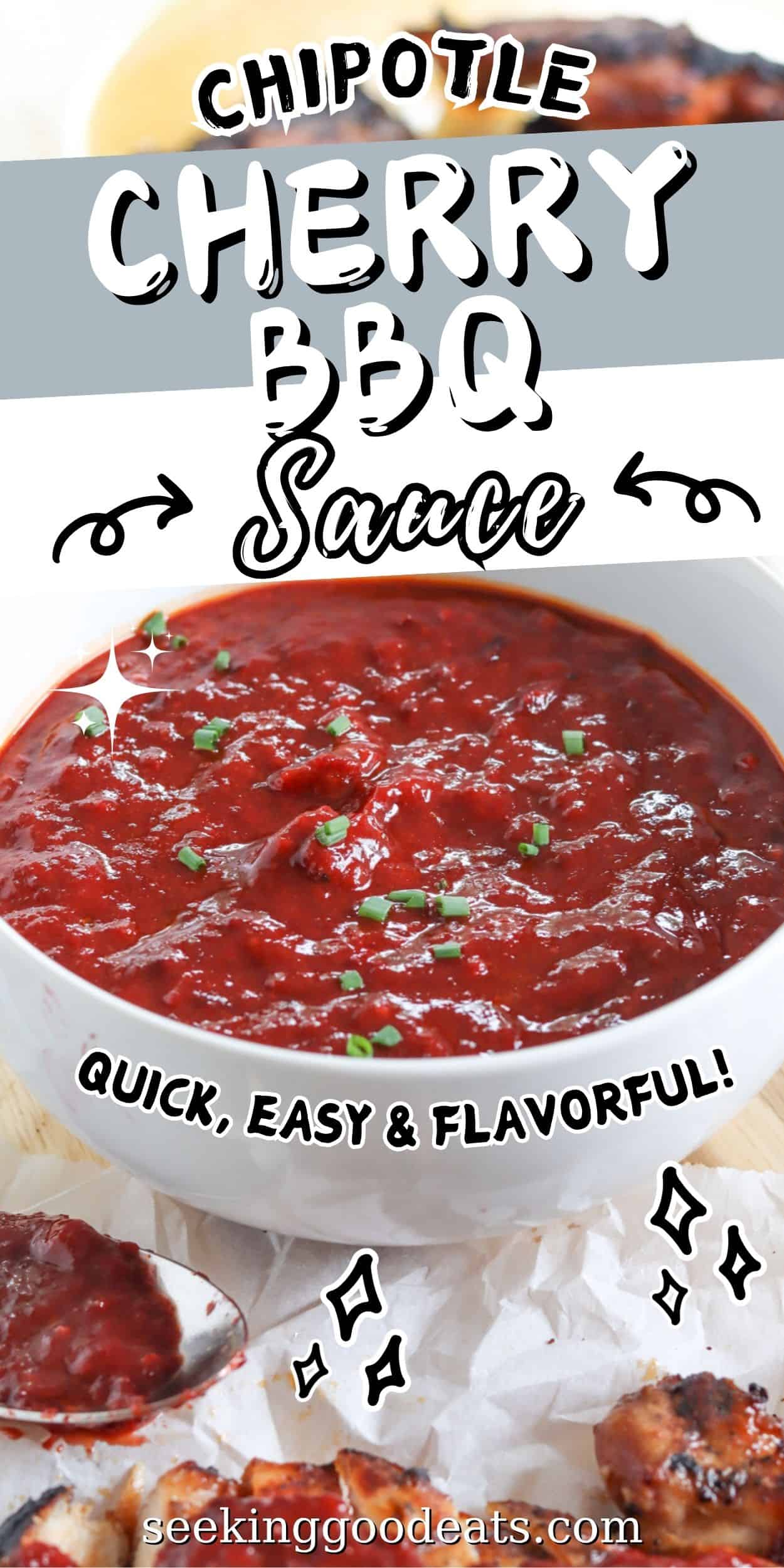 Pinterest pin with a white bowl of cherry bbq sauce