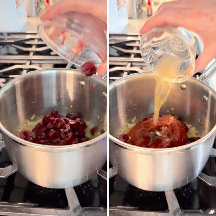 Adding the cherries and vinegar to the bbq sauce in a metal saucepan.