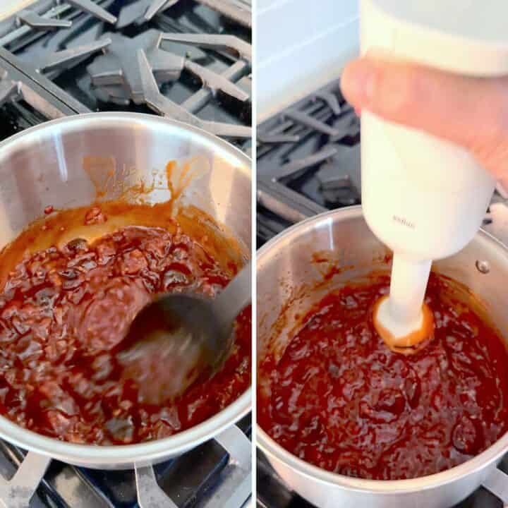 Stirring and blending the cherry bbq sauce in a saucepan.