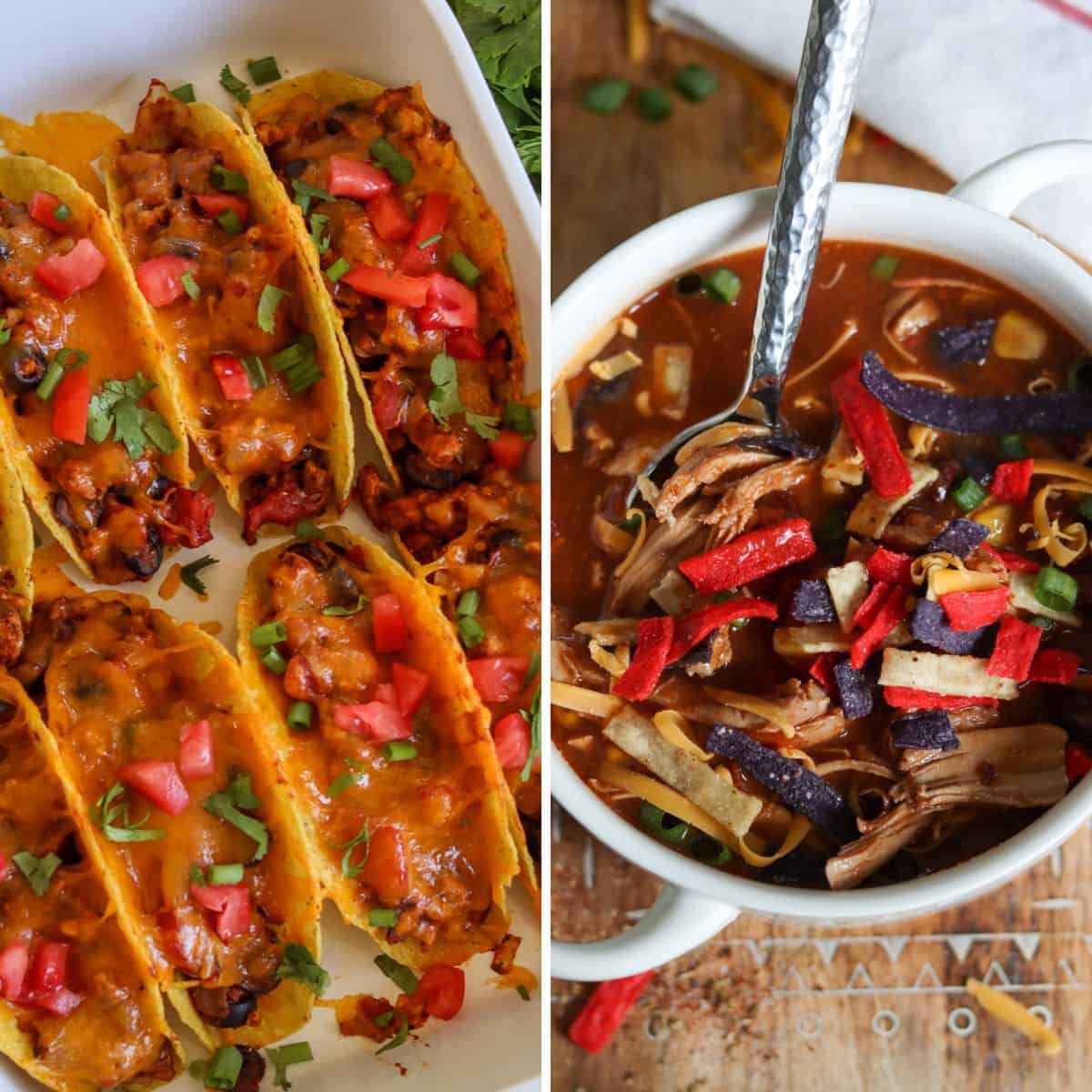 Two ways to use chicken taco seasoning, in baked chicken tacos and 7 can chicken taco soup.