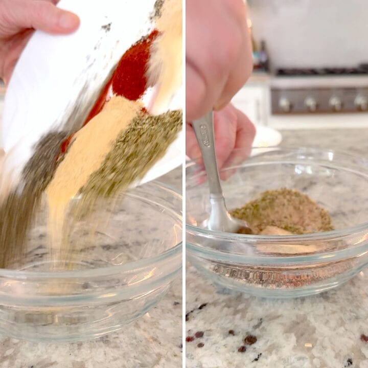 Mixing the chicken taco seasoning mix together in a clear glass bowl.