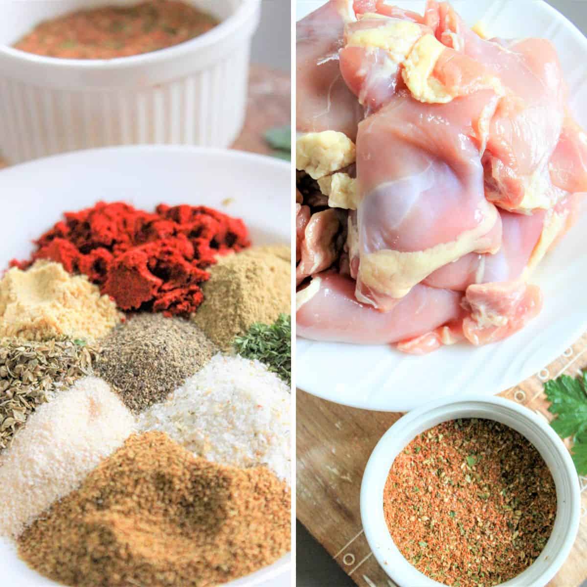 Ingredients needed for making dry rub for chicken on a white plate.