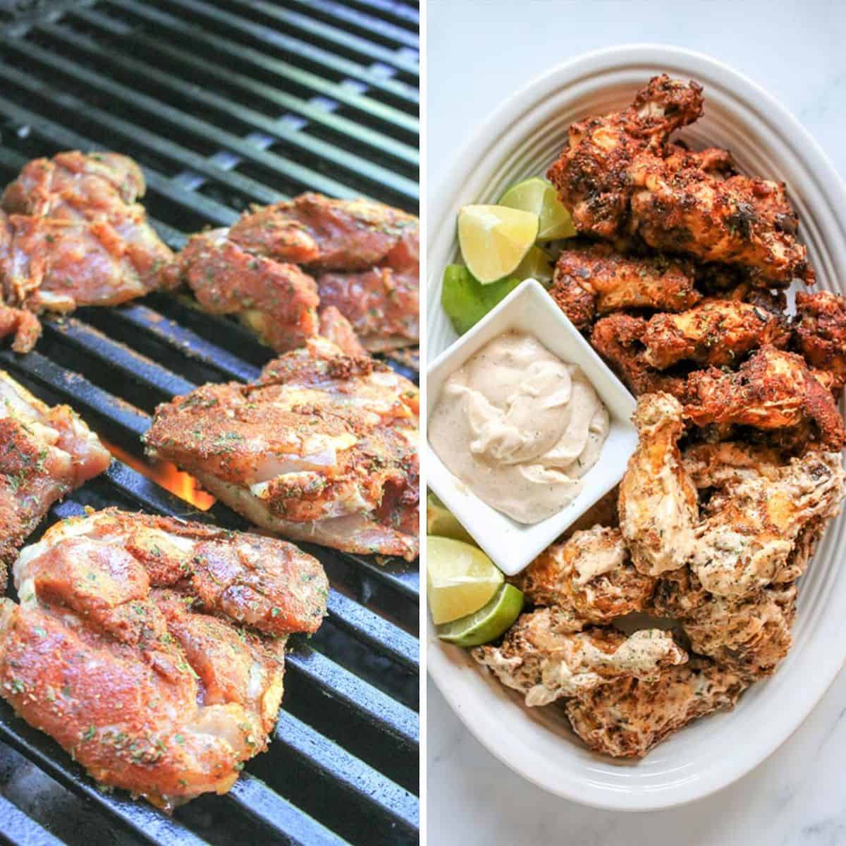 Grilling dry rub chicken thighs and cooked dry rub chicken wings on a platter.