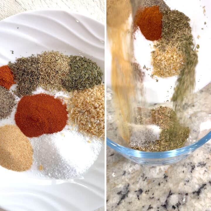 Mixing the dry rub for chicken in a clear glass bowl.