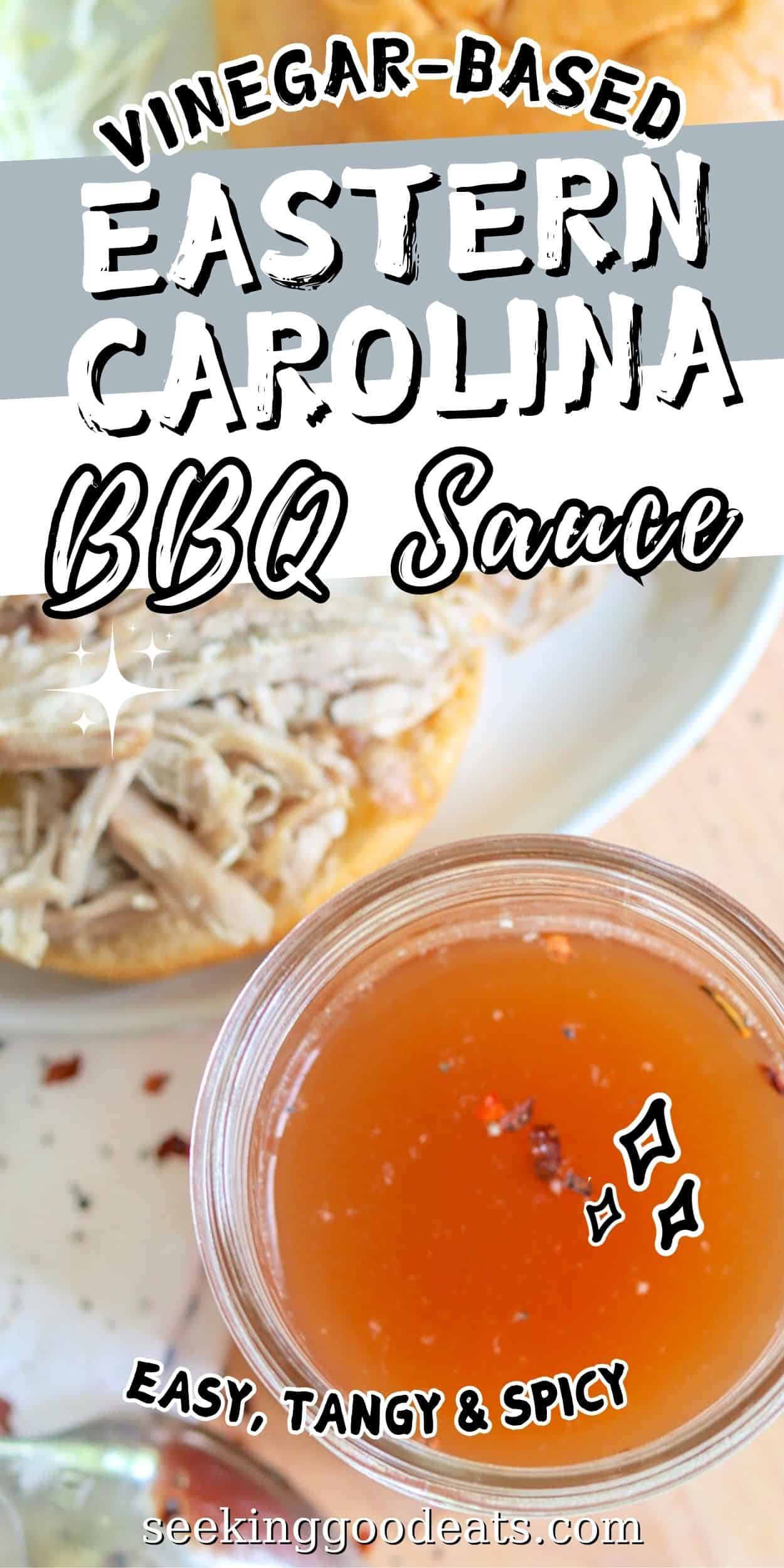 Pinterest pin with a clear jar of eastern Carolina bbq sauce.