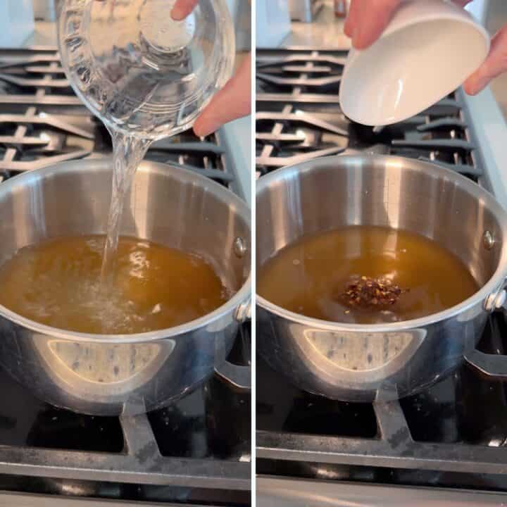 Adding vinegar and spices to make eastern carolina bbq sauce in a saucepan.
