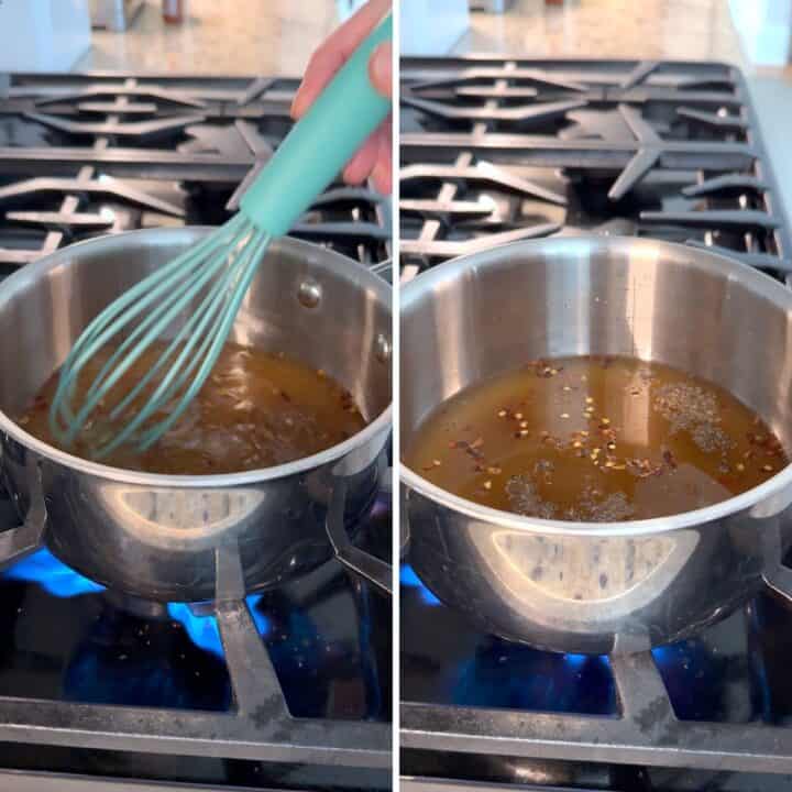 Whisking and then warming the bbq sauce enough to melt the brown sugar in a saucepan.