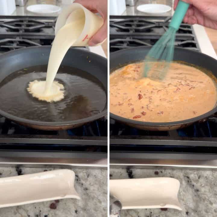 Making the creamy tomato basil sauce in a skillet.