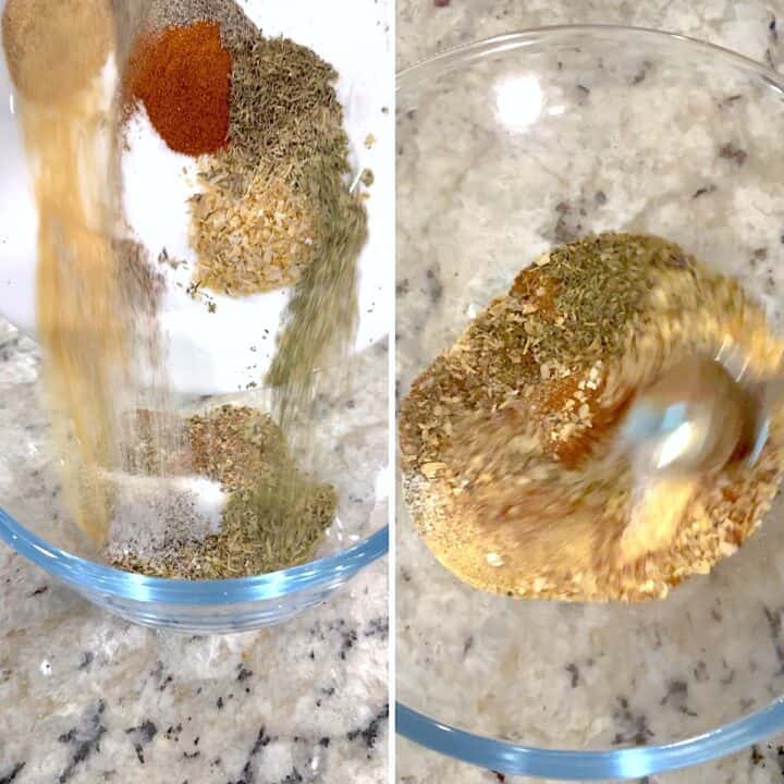 Adding the Montreal chicken seasoning ingredients to a clear glass bowl, then mixing them together.