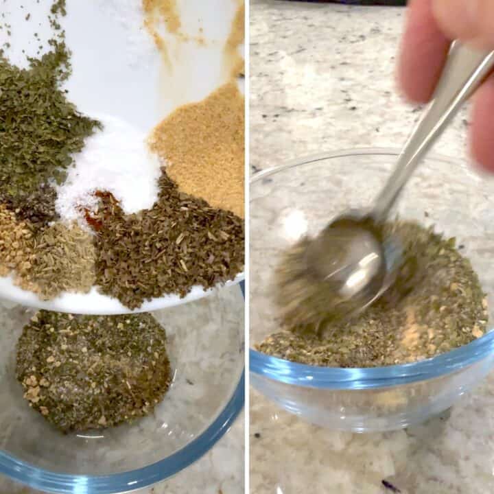Mixing the seafood seasoning ingredients in a clear glass bowl.
