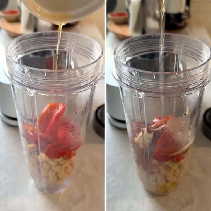 Adding the roasted red bell peppers to a blender cup for hummus.