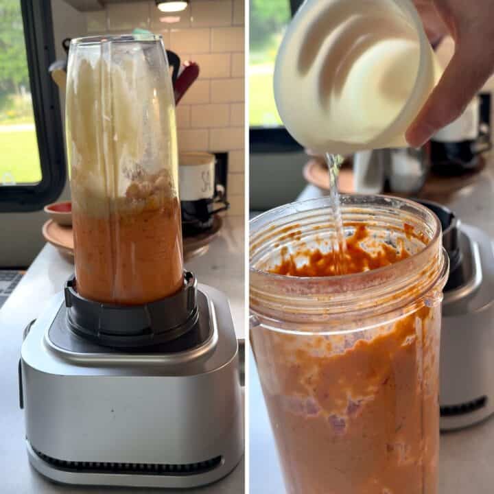 Blending the hummus in a blender then adding water to adjust consistency.