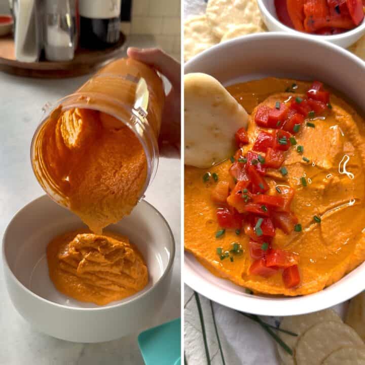 Pouring the red bell pepper hummus into a white bowl.