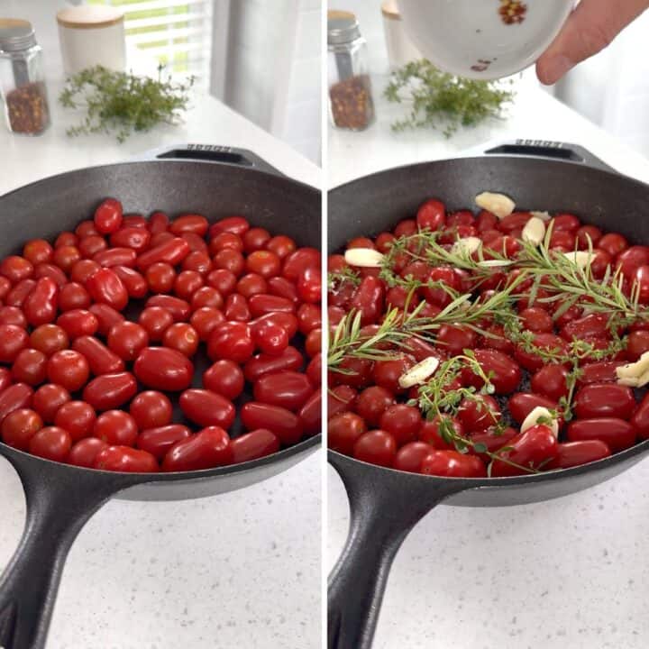 Adding the ingredients to a cast iron skillet to make confit cherry tomatoes.