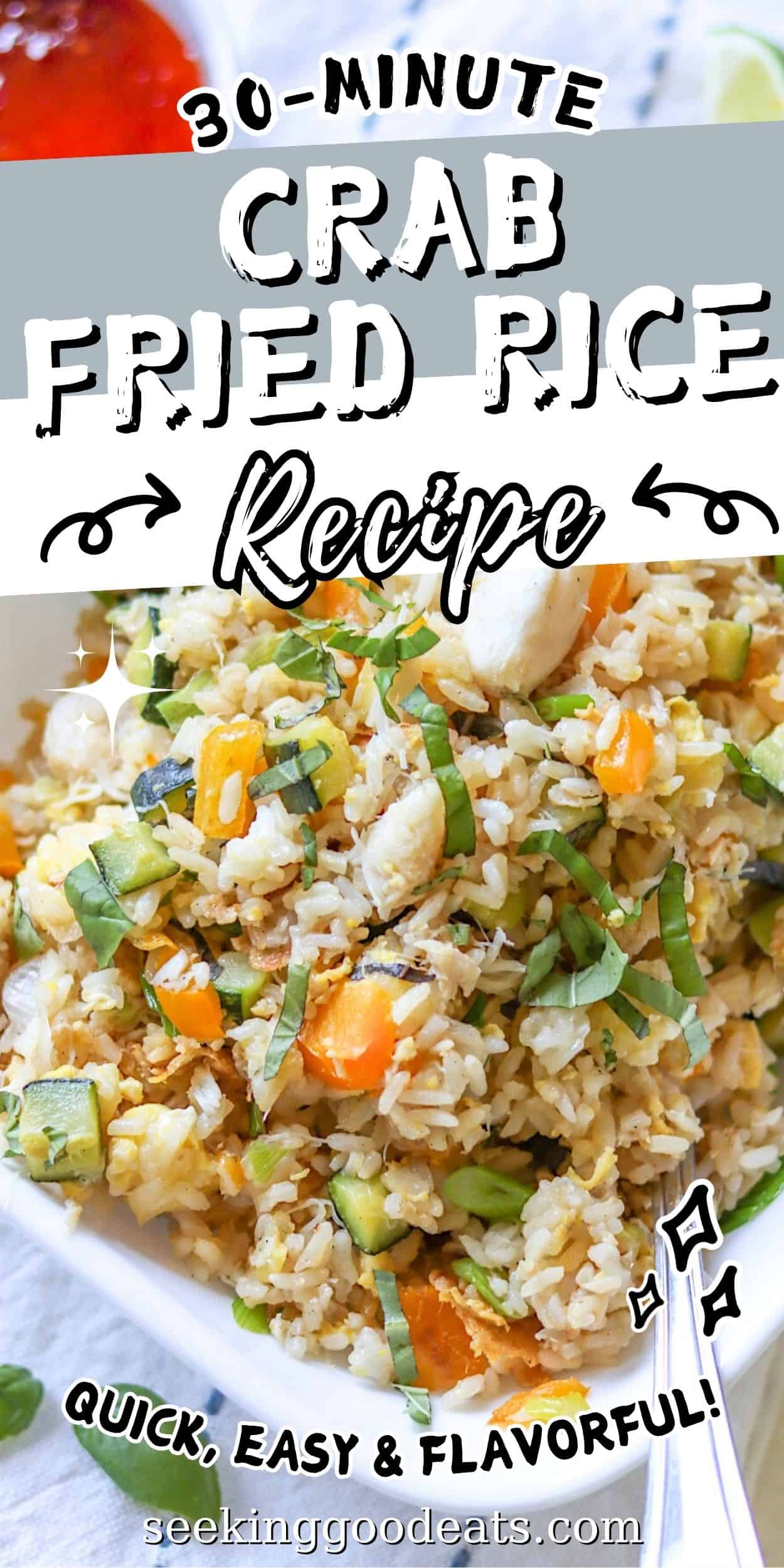 Pinterest pin with a square bowl of crab fried rice.