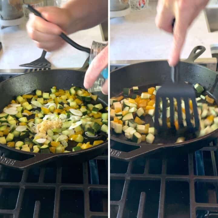 Sauteeing the vegetables in a cast iron skillet.