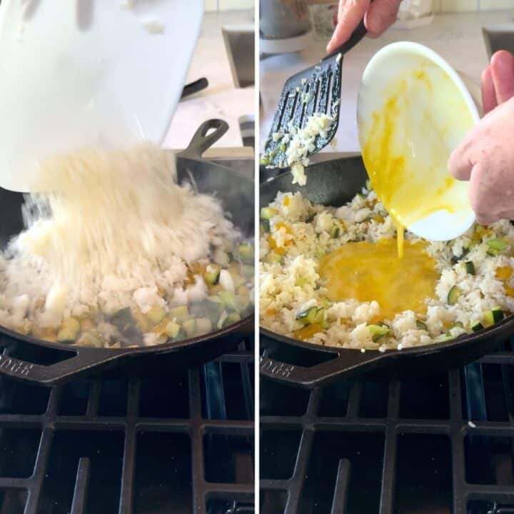 Adding the rice to fry then the egg to scramble.