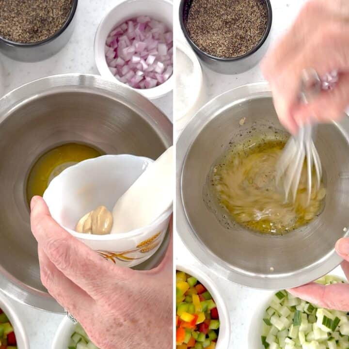 Whisking the bell pepper cucumber salad dressing together.