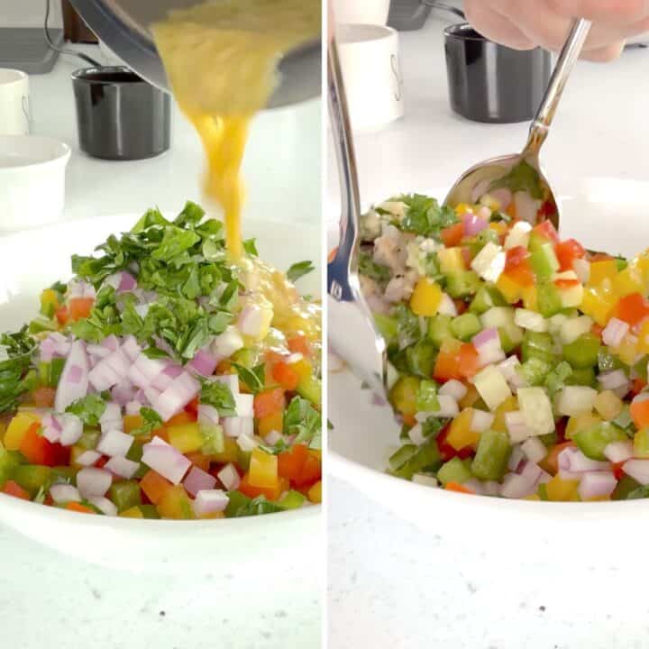 Pouring the dressing over the chopped cucumber and bell pepper salad.