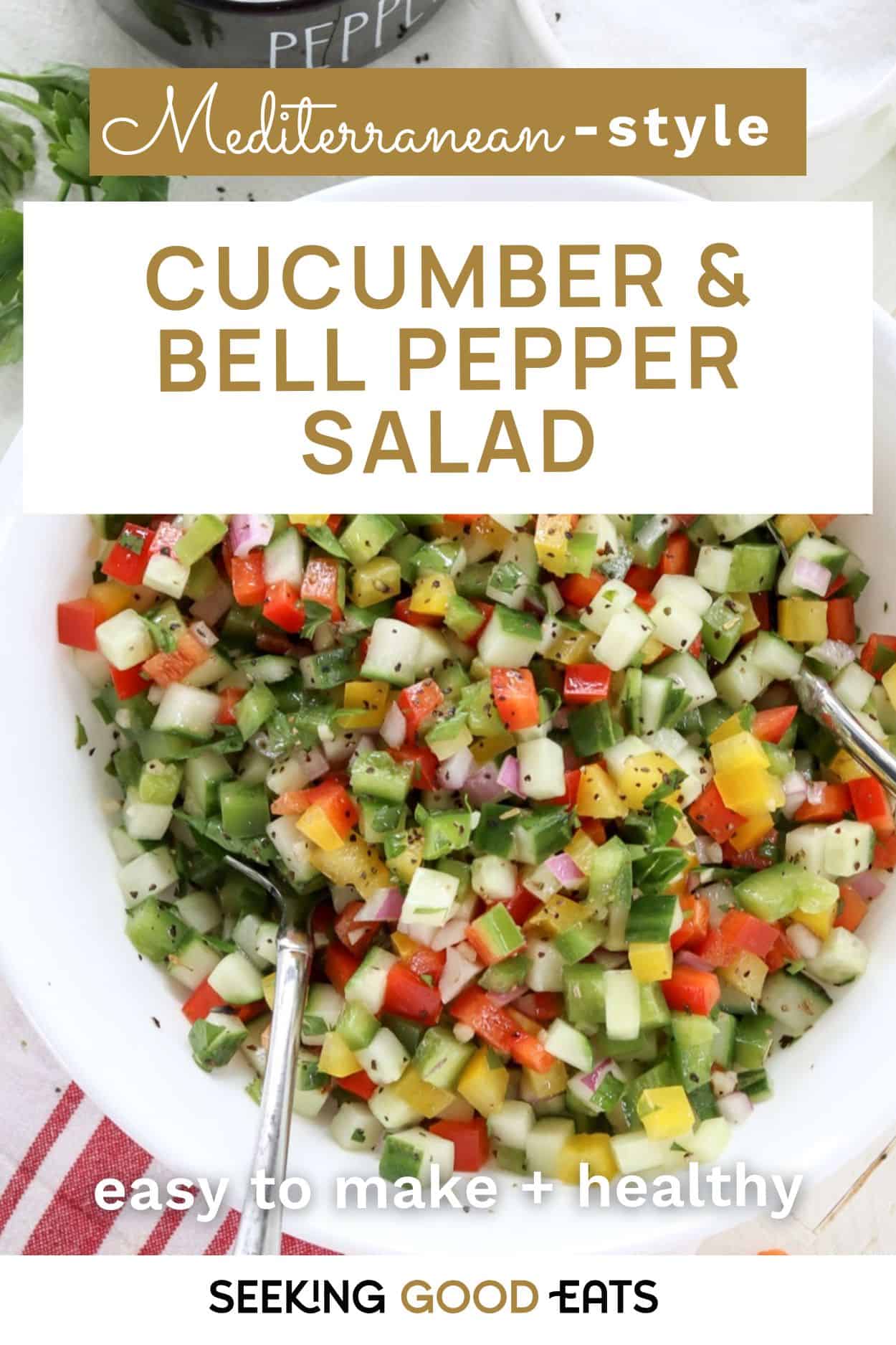 A white bowl of chopped fresh bell pepper and cucumber salad.
