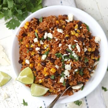 Mexican fried rice in a white bowl.