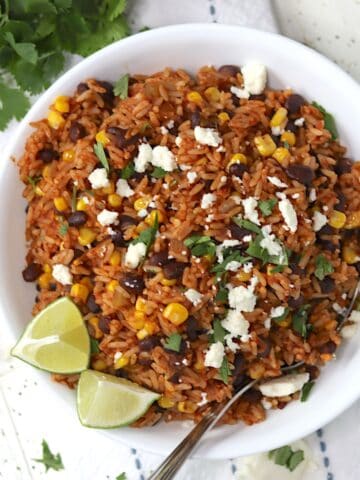 Mexican fried rice in a white bowl.