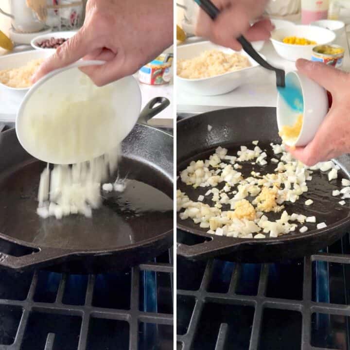 Sautéing onions and garlic in a cast iron skillet.